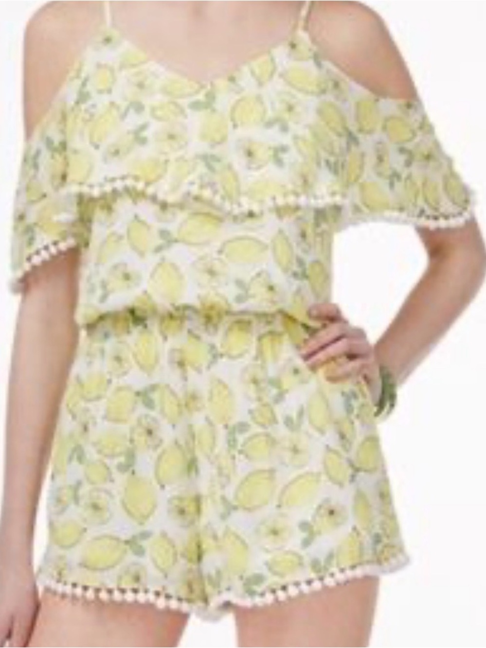 The Edit By Seventeen's shoulder-baring romper edged in playful pom poms